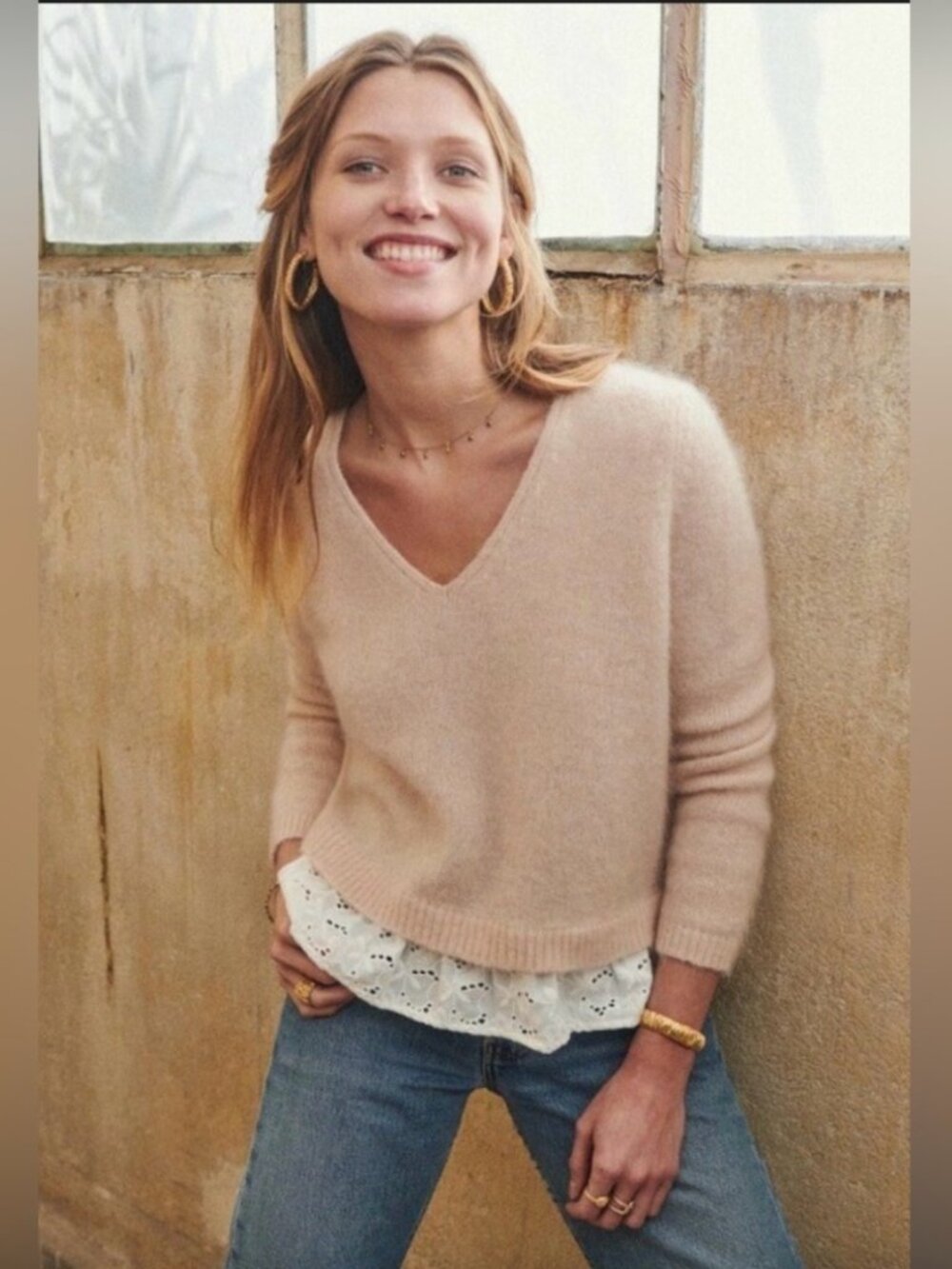 Sézane Black V-neck sweater with broderie anglaise hem Size M